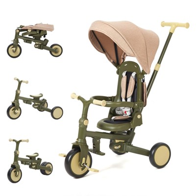 7-in-1 Foldable Baby Tricycle with Adjustable Parent Handle – Toddler Trike with Safety Harness, Wheel Brakes & Removable Canopy