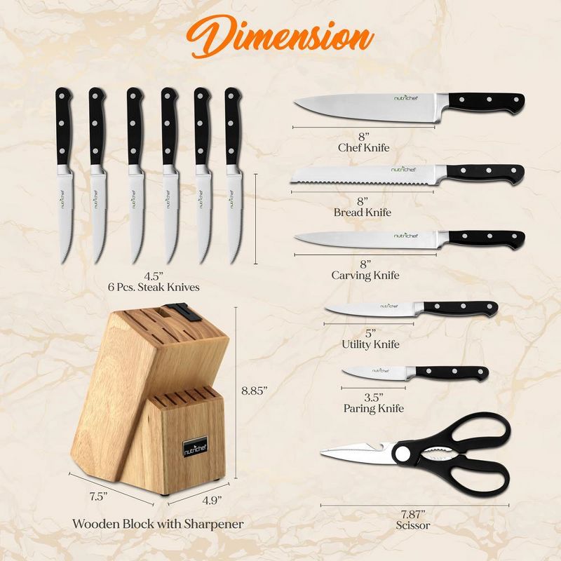 NutriChef 13-Piece German Stainless Steel Cutlery Set with Wood Block for Versatile Food Preparation, 2 of 4