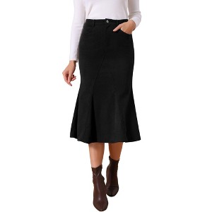 INSPIRE CHIC Women's Corduroy High Waist Button Front Fishtail Skirt with Pockets Midi Skirts - 1 of 4