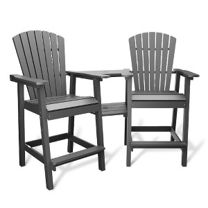 Outdoor Recycled Poly Adirondack Barstools Set of 2 – Tall Weatherproof Bar Height Chairs w/ Removable Tray, Gray (350lb Capacity) - 1 of 4