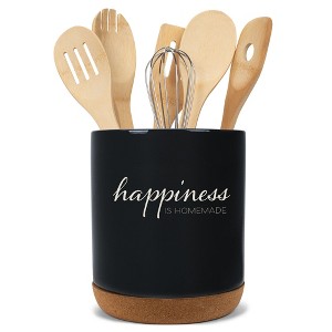 Elanze Designs Happiness is Homemade Ceramic Cork Bottom Black Large Capacity Utensil Holder Crock for Countertop Storage, Stylish & Durable for - 1 of 4