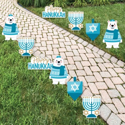 Big Dot of Happiness Hanukkah Bear - Polar Bear Dreidel Menorah Lawn Decorations - Outdoor Chanukah Holiday Sweater Party Yard Decorations - 10 Piece