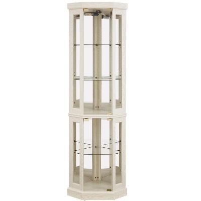 Vynxaria Lighted Corner Glass Cabinet in Antique White - Curio Display Case for Living Room, Wine, and Antique Collection Storage