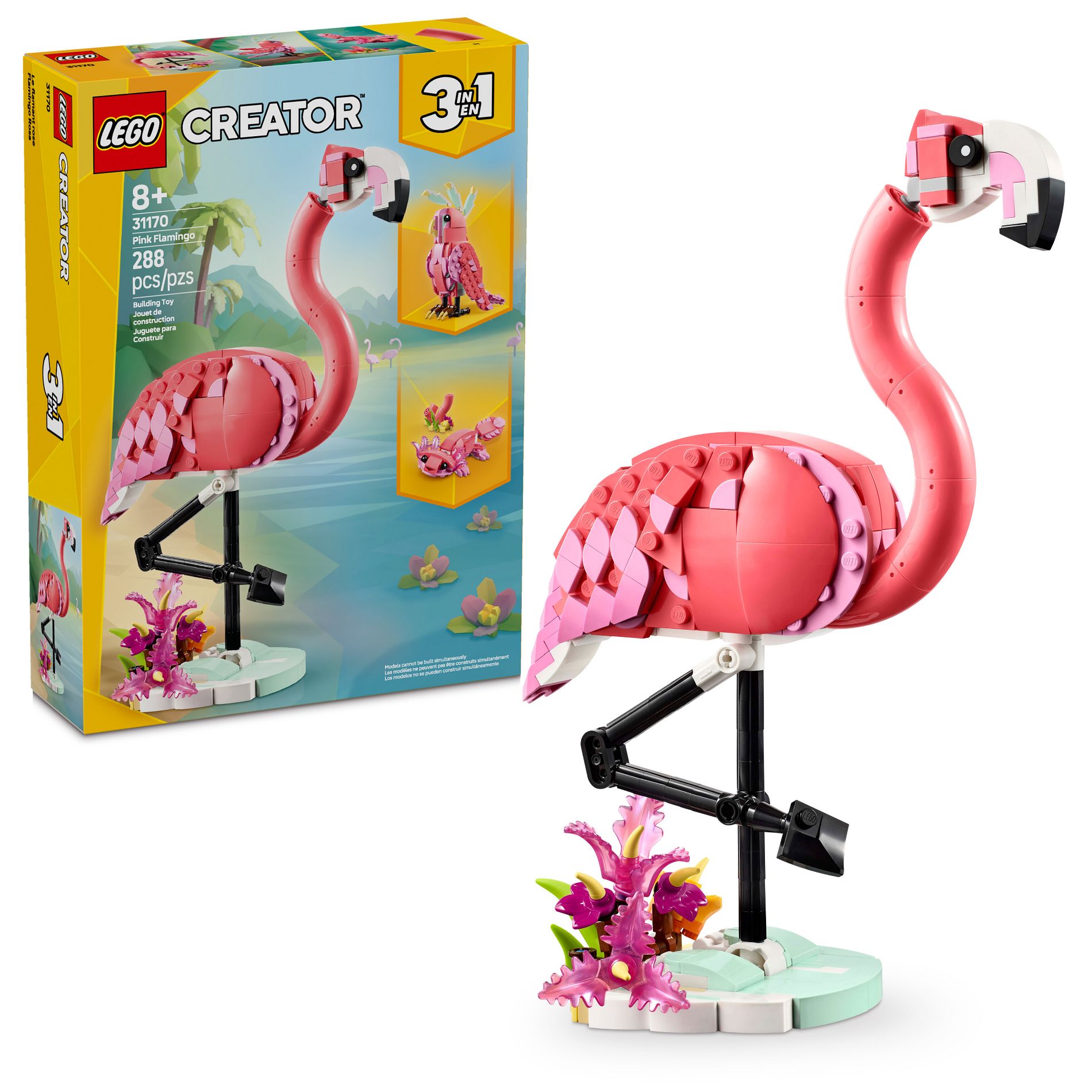LEGO Creator 3 in 1 Wild Animals: Pink Flamingo Toy with 3 Building Options, Pink Flamingo, Cockatoo or Axolotl 31170