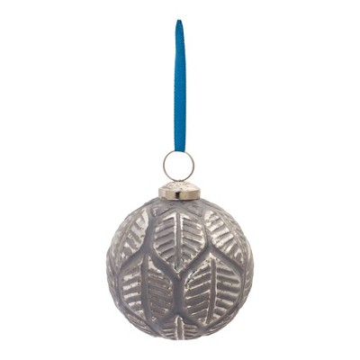 Melrose Etched Leaf Gray and Blue Glass Ball Ornaments Set