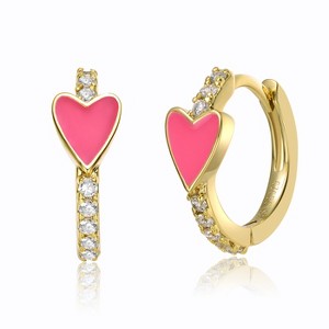 Guili Kids Slim Hoop Earrings in 14k Gold Plating with Cubic Zirconia & Pink or Red Enamel, A Fun & Stylish Touch for Every Little Fashionista - 1 of 2