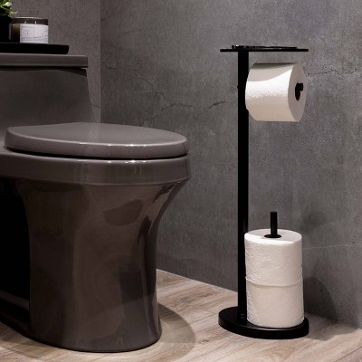 Better Living Matte Black Freestanding Toilet Paper Holder with Tray