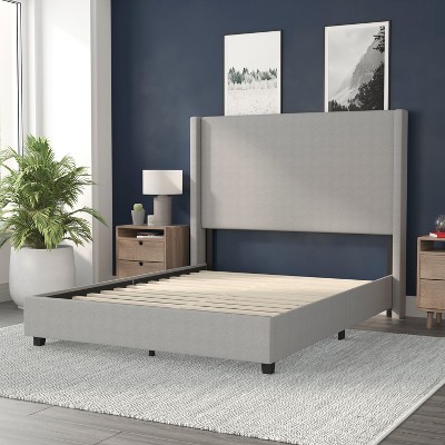 Gray Queen Upholstered Platform Bed with Linen Headboard