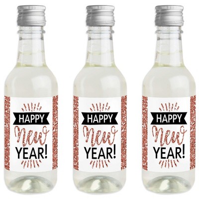 Big Dot of Happiness Rose Gold Happy New Year - Mini Wine and Champagne Bottle Label Stickers - New Year's Eve Party Favor Gift - Set of 16