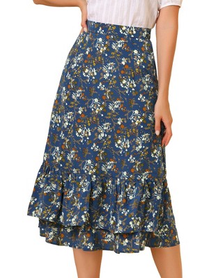 INSPIRE CHIC Women's Chiffon Elastic Waist Ruffle Tiered Flowy Midi Floral Printed Skirts