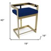 HomeRoots 30" Blue and Gold Metal and Velvet Low Back Bar Height Bar Chair - 3 of 4
