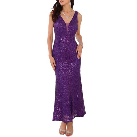 Женские платья INSPIRE CHIC Women's Sequin V Neck Sleeveless Cocktail Maxi Gown Evening Dress Purple Medium