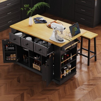 Multi-Functional Kitchen Island Cart with Outlet, 3 Drawers, 5 Wheels & Side Racks, Rolling Storage Cabinet for Kitchen or Dining-The Pop Home