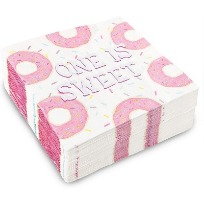 Blue Panda 100 Pack Donut Disposable Party Napkins for 1st Birthday, One is Sweet Pink, 6.5 In