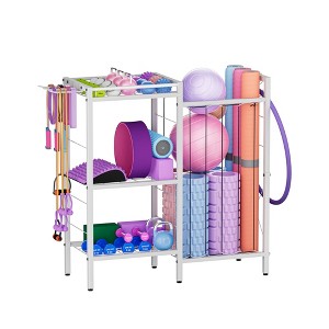 MOEPISY 3 Tiers Dumbbells Yoga Mat Storage Rack with Elastic Straps for Kettlebells Foam Roller Resistance Bands Balls, White - 1 of 4