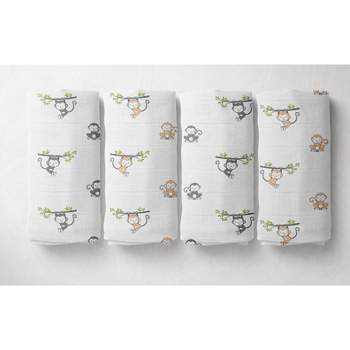 Bacati - Happy Monkeys Green/Gray/Beige Unisex Muslin Swaddling Blankets set of 4