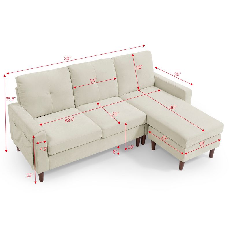 80" Convertible L-Shaped Sectional Sofa with Rubberwood Legs, Removable Cushions and Pockets - ModernLuxe, 3 of 13