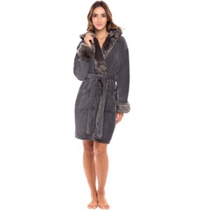 ADR Women's Short Bathrobe, Womans Robe Plush Faux Fur Accents Fuzzy Feather Bath Robe - 1 of 4