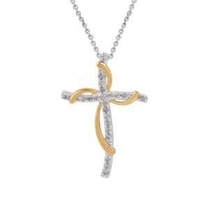 GILDED 1/4 CTTW Natural Diamond Twist Cross Pendant Necklace in 14KT Yellow Gold Plated or 925 Sterling Silver, 18" Chain - 1 of 4