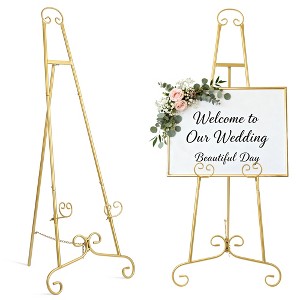 Gold Easel Stand for Sign, Adjustable Wedding Welcome Sign Stand with Chain Support, Heavy Duty Metal Floor Easels for Displaying Pictures Posters - 1 of 4