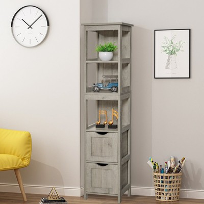 USIKEY 55.9" Storage Cabinet with 2 Drawers, Wooden Bathroom Floor Cabinet with 3 Open Shelves, for Living Room, Kitchen, Grey