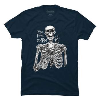 Men's Design By Humans Halloween skeleton drinking coffee. But first coffee By melazergDesign T-Shirt