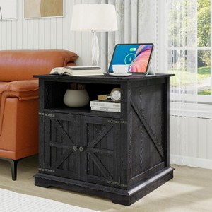 Dyonery End Table with Charging Station, 24 Inch Farmhouse Side Tables Living Room, Wood Rustic Nightstand, Bedside Table for Bedroom, Black - 1 of 4