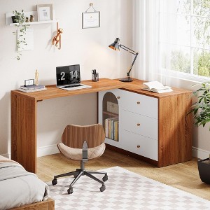 ORRD 82.67” Reversible L-Shaped Computer Desk with Drawers & Cabinet, Rustic Brown Home Office Desk, Corner Workstation for Small Spaces - 1 of 4