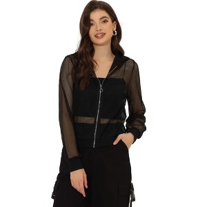 INSPIRE CHIC Women's Zip Up Long Sleeve Mesh Sheer Hoodie Bomber Jackets - 1 of 4