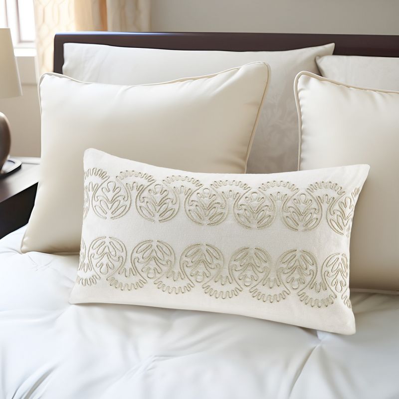 LIVN CO. Crewel Stitch Embroidered Cotton Oblong Pillow, White, 2 of 4