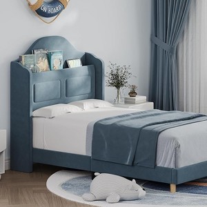Twin Size Bed Frame with Storage Headboard Wingback Upholstered Headboard and Footboard, Metal Slat Noise Free, Easy Assembly - 1 of 4
