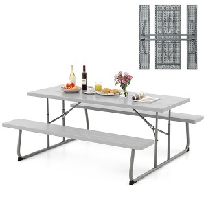 Tangkula Folding Picnic Table w/ 2 Benches 6 FT Camping Table Set w/ All-Weather HDPE Tabletop Grey - 1 of 4
