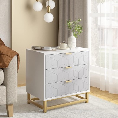 Homhougo 3 Drawer Dresser, Wood Chest Drawers with Storage for Closet, Bedroom, Drawers Dresser Modern Bedside Nightstand with Gold Handles, Grey