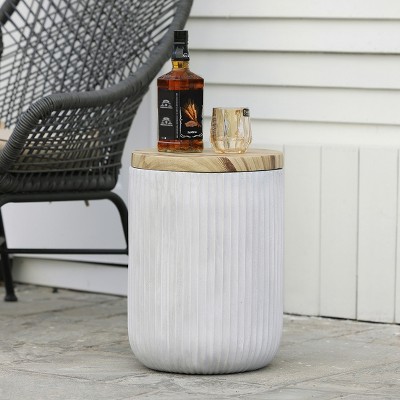 Gray Cement and Faux Wood Round Patio Side Table with Storage
