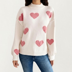 Anna-Kaci Women's Long Sleeve Knit Sweater with Heart Pattern and Ribbed Trim - 1 of 4