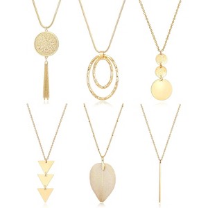 6 PCS Long Pendant Necklace for Women, Gold Bar Circle Leaf Triangle Tassel Y Necklace Set - 1 of 4