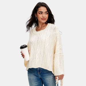 Knit & Lounge Women’s Open Knit Long Sleeve Crewneck Sweater Lightweight Cable Textured Soft Pullover Relaxed Fit - 1 of 4