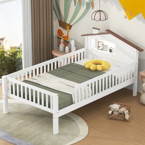 ALEXOUN Kids Bed Frame,Solid Wood Bed with Guardrails & House-Shaped Headboard,Built-in Storage Shelf,No Box Spring Needed - 1 of 4