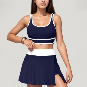 Anna-Kaci Swim Women's Scoop Neck Bikini Top and High Waist Skirted Swim Bottom Set with Contrast Trim Detail - 1 of 4