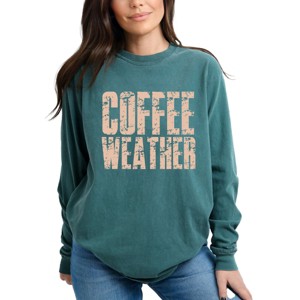 Coffee Weather Block Distressed - Women's Garment Dyed Long Sleeve Graphic T-Shirt - 1 of 4