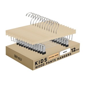 BP4U 12-Pack Kids 12" Wooden Hangers, Maple Toddler & Baby Clothes Hangers with Adjustable Silent Clips and No-Mark Sleeves - 1 of 4