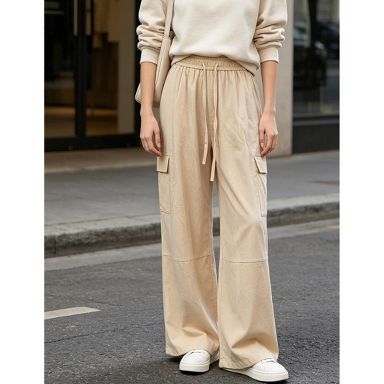 YESFASHION Women Cargo Wide Leg Pants, Elastic Drawstring Waist