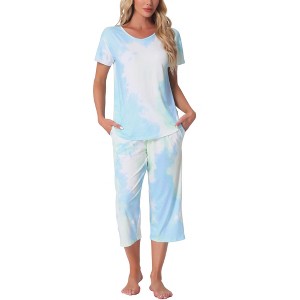 cheibear Women's Pajama Set Tie Dye Short Sleeve Capri Pants Lounge Sets with Pockets - 1 of 4