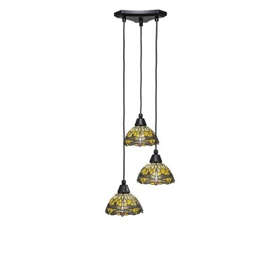 Toltec Lighting Europa 3 - Light Pendant in  Matte Black with 7" Amber Dragonfly Art Glass Shade