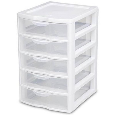 Sterilite Clearview Small Clear Plastic Stackable 5 Drawer Storage System for Desktop and Drawer Household Organization for Stationary or Pens, 4 Pack