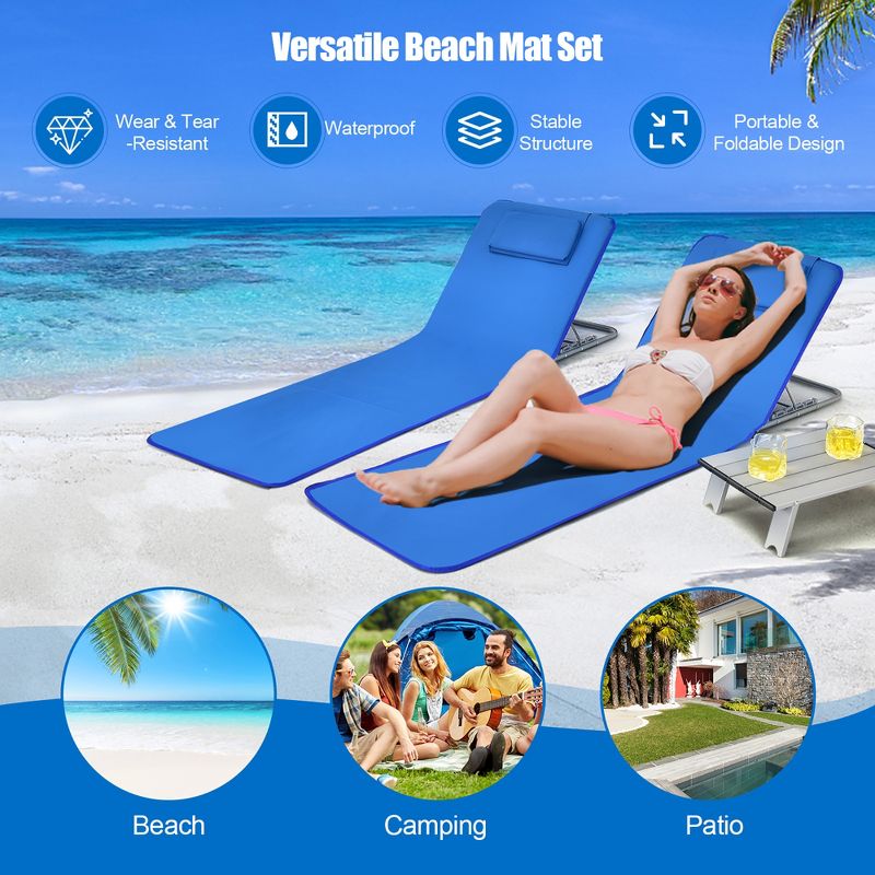 Costway 3-Piece Beach Lounge Chair Mat Set 2 Adjustable Lounge Chairs with Table Blue\Stripe, 4 of 11
