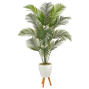 Nearly Natural 6.5-ft Golden Cane Artificial Palm Tree in White Planter with Stand - 1 of 4