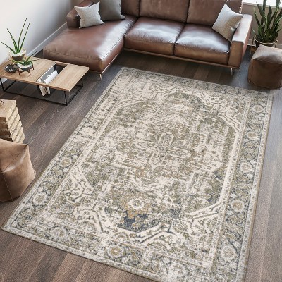 Green and Cream Medallion Washable Synthetic Area Rug, 4' x 6'