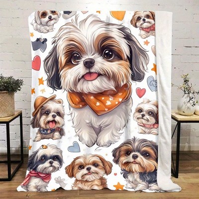 Shih Tzu Cartoon Pattern Flannel Throw Blanket, Digital Print Polyester Soft Cozy All Seasons Home Decor Gift, Christmas Gift.