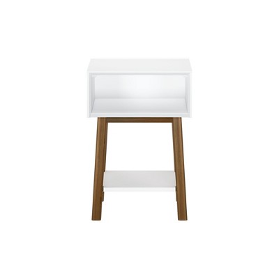 White and Pecan Mid-Century Modern Side Table with Storage